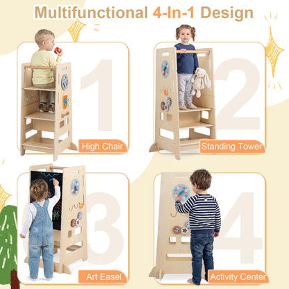 Toddler Standing Tower with Adjustable Height and Blackboard-Natural