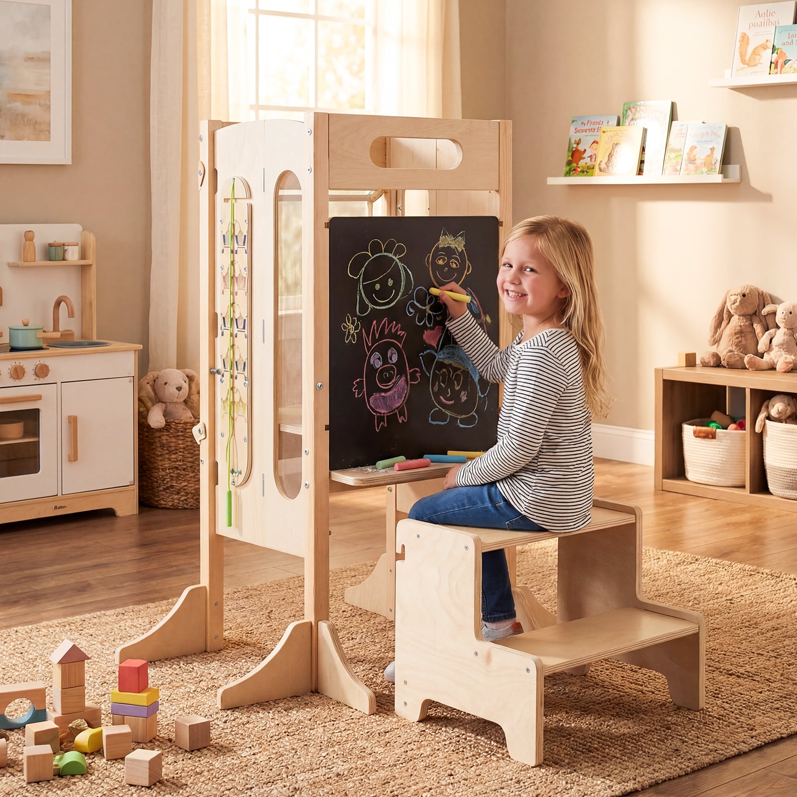 Toddler Step Stool Foldable Standing Tower with Anti-tip Feet