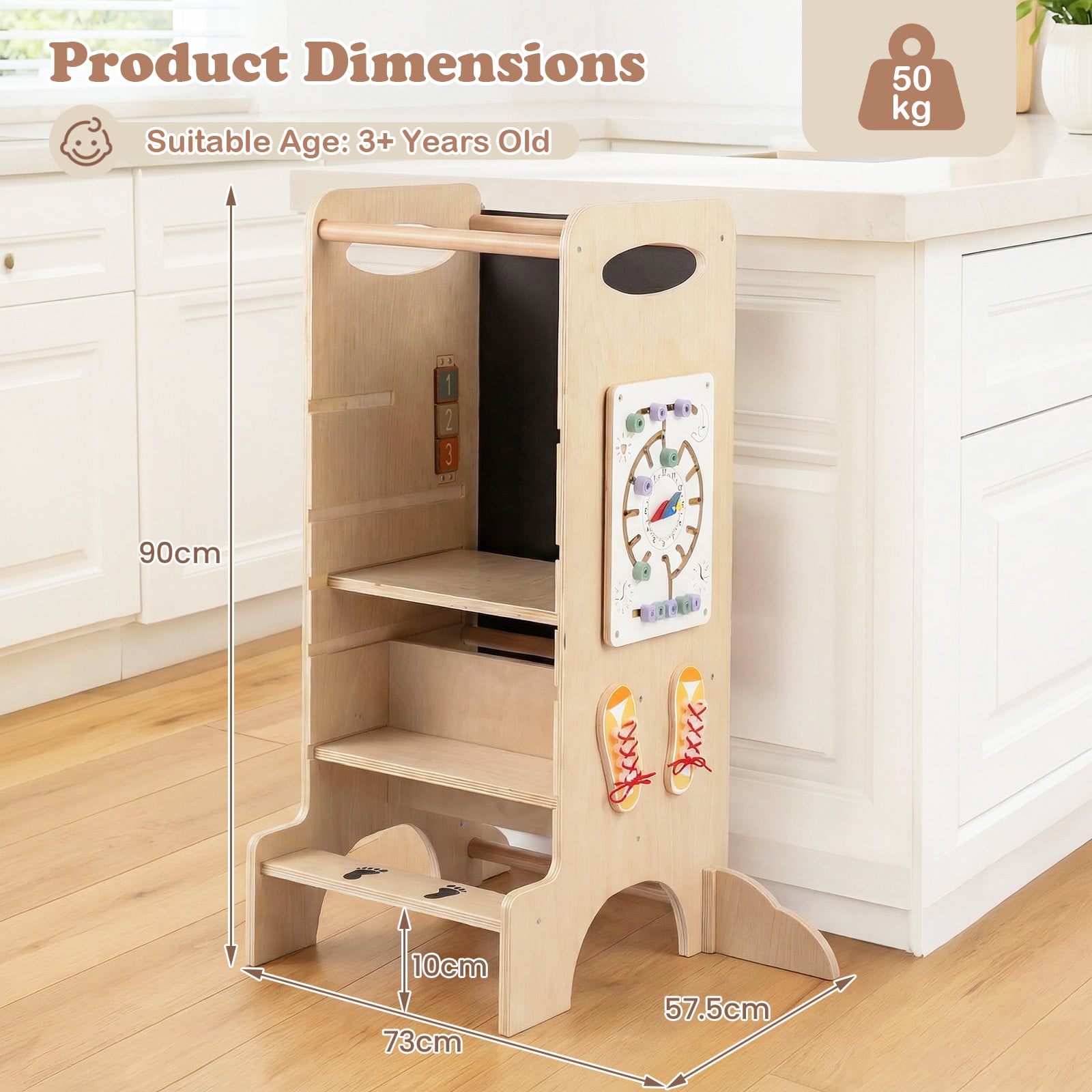 Toddler Step Stool Wooden Kids Standing Tower with Safety Rails