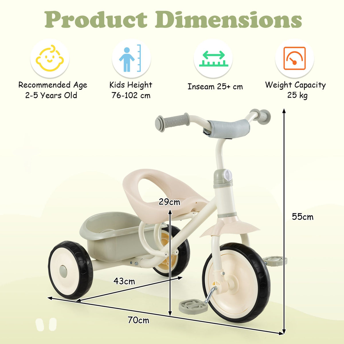 Toddler Tricycle with Removable Rear Storage Basket for Boys and Girls 2-5 Years Old-Green