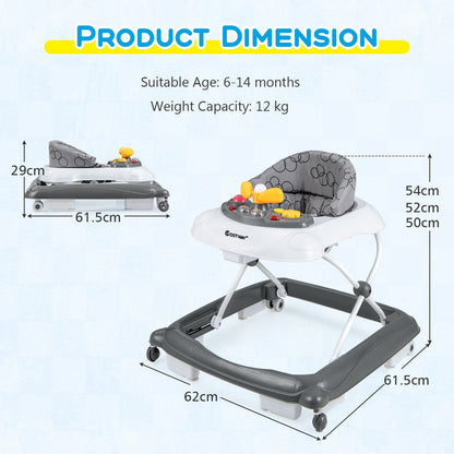 Foldable Baby Walker with 3 Adjustable Heights and Padded Seat-Grey