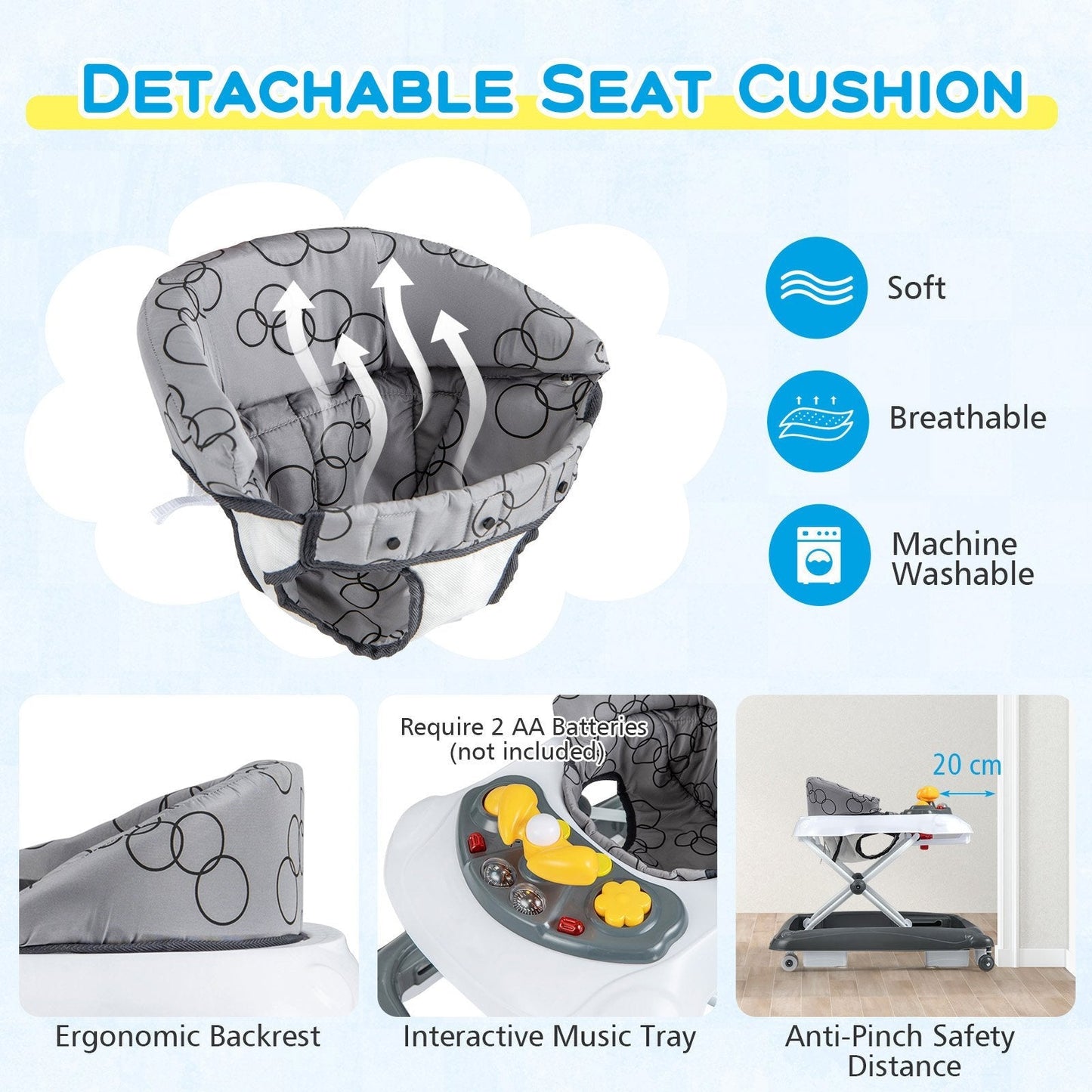 Foldable Baby Walker with 3 Adjustable Heights and Padded Seat-Grey