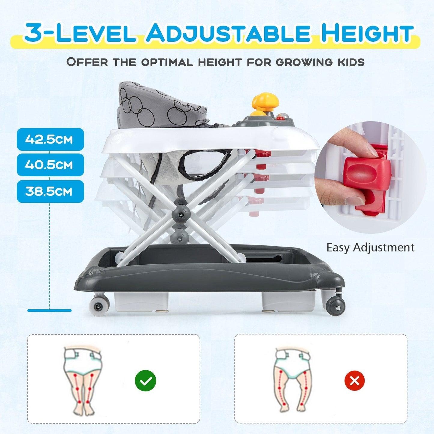 Foldable Baby Walker with 3 Adjustable Heights and Padded Seat-Grey