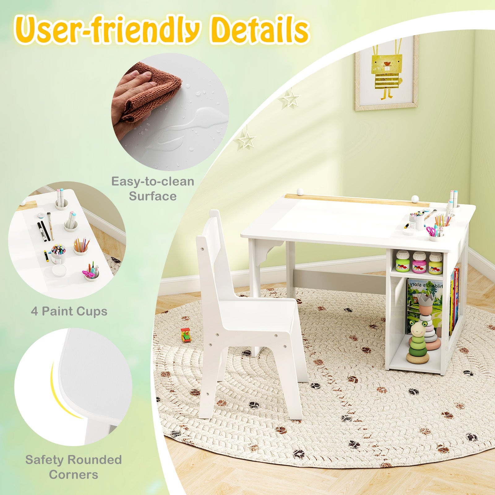 Toddler Craft Play Study Drawing Desk with Paper Roll 4 Paint Cups-White