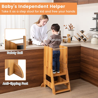 Toddler Kitchen Stool Helper with Chalkboard and Whiteboard-Natural