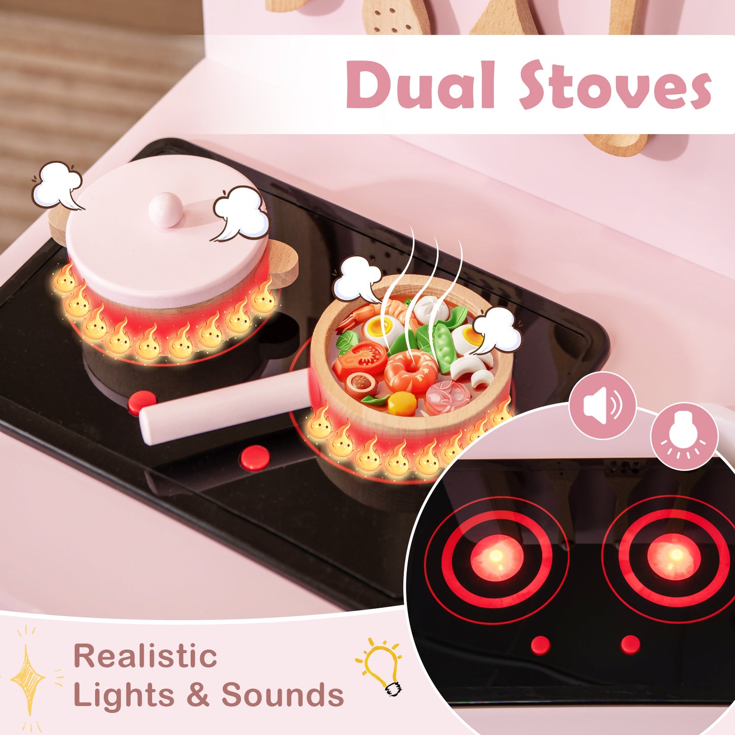 Toddler Pretend Play Kitchen with Light up Stove and Cooking Sounds-Pink