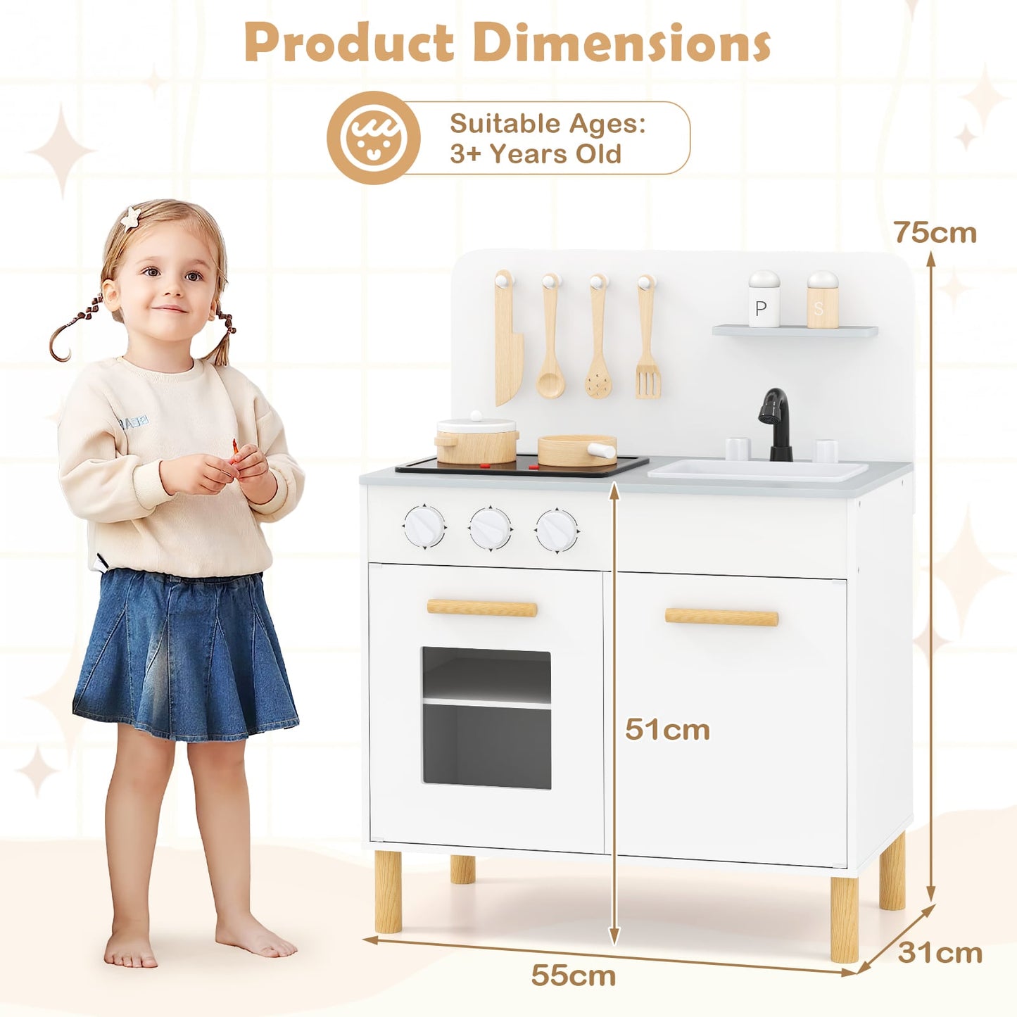 Toddler Pretend Play Kitchen with Light up Stove and Cooking Sounds-White
