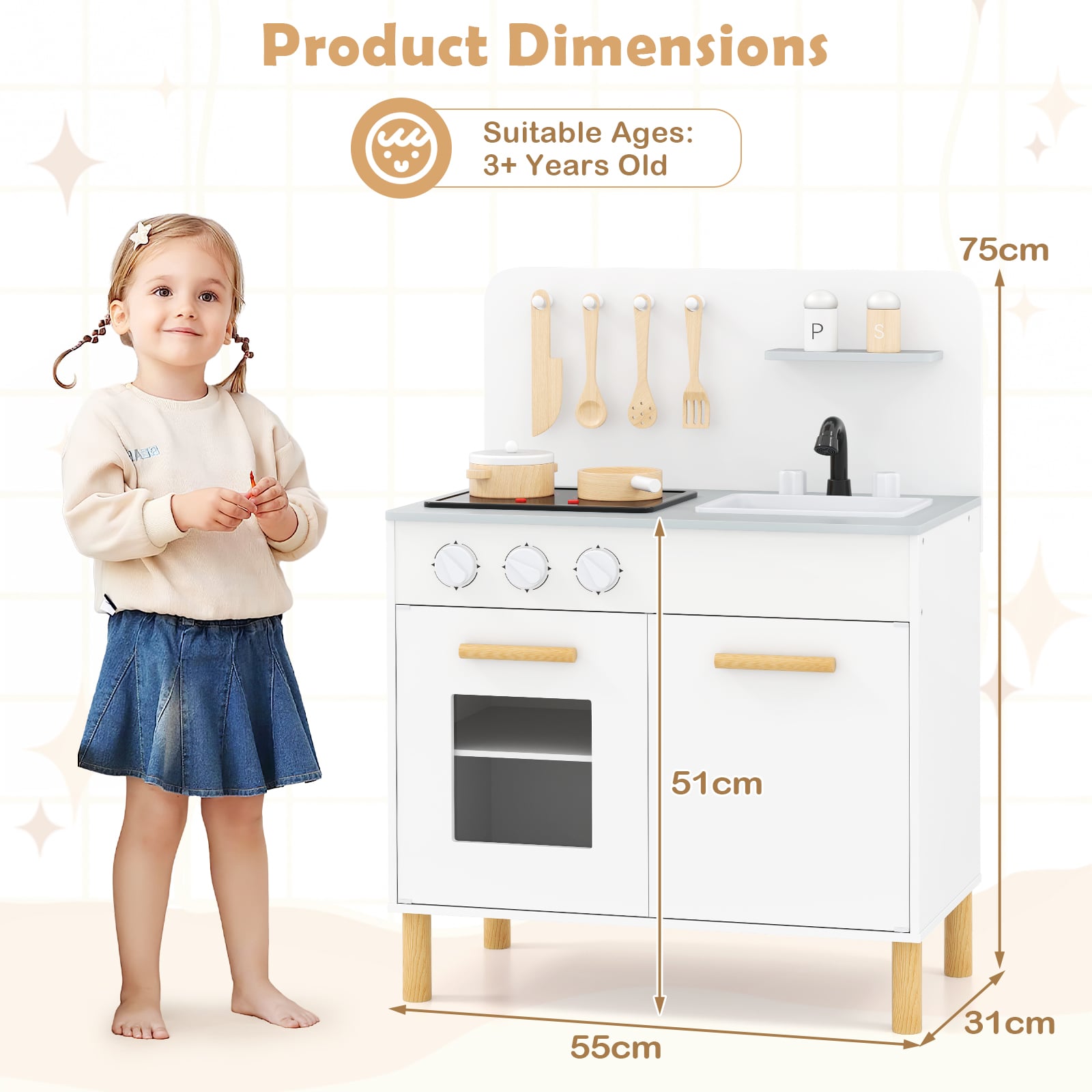 Toddler Pretend Play Kitchen with Light up Stove and Cooking Sounds-White