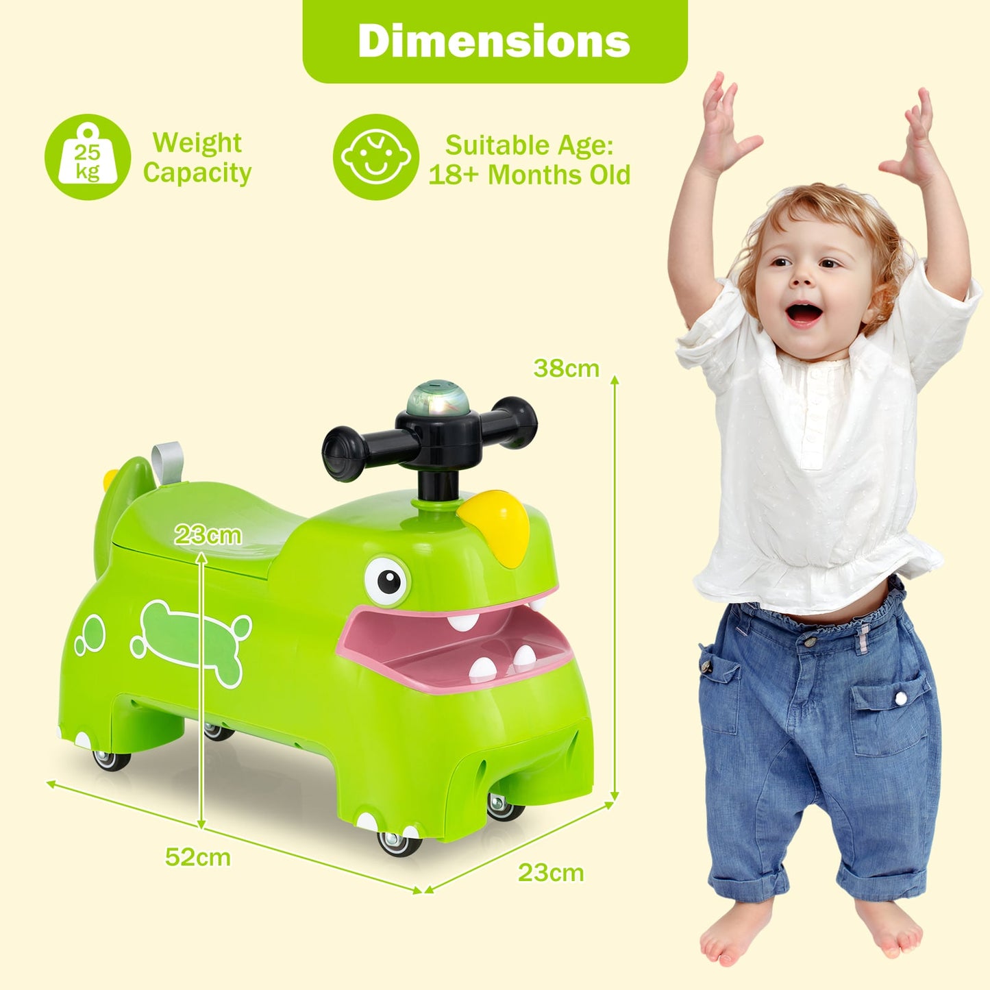 Toddler Ride on Toy with Under Seat Storage with Music and Lights-Green