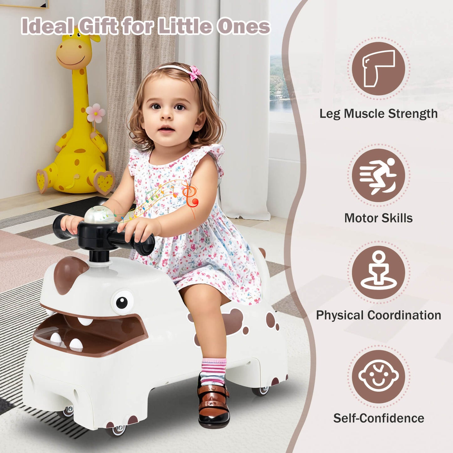 Toddler Ride on Toy with Under Seat Storage with Music and Lights-White