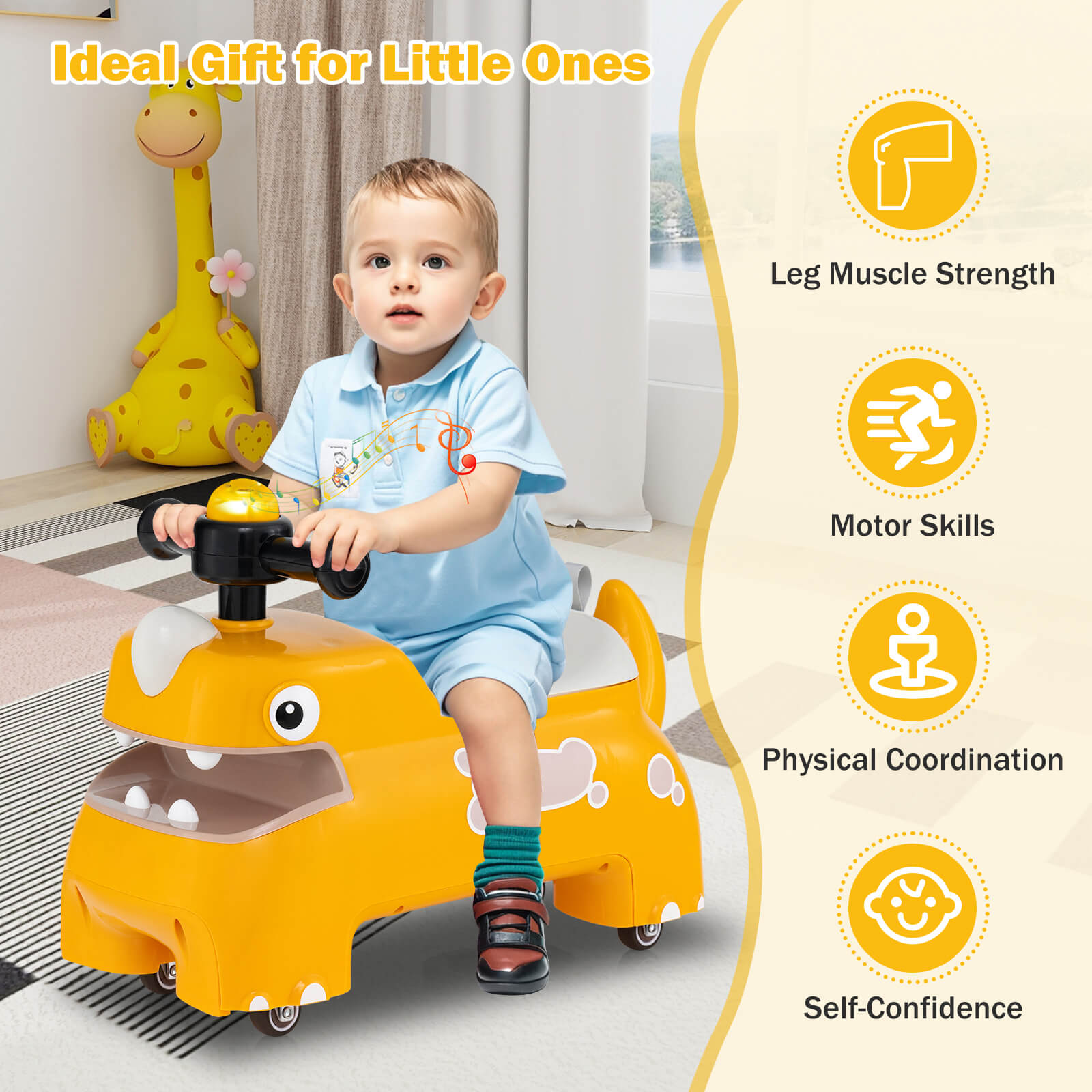 Toddler Ride on Toy with Under Seat Storage with Music and Lights-Yellow