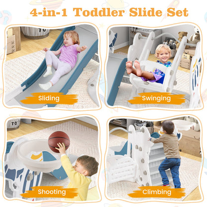 Toddler Slide and Swing Set with Extended Slide, Swing, Basketball Hoop and Climber-Blue