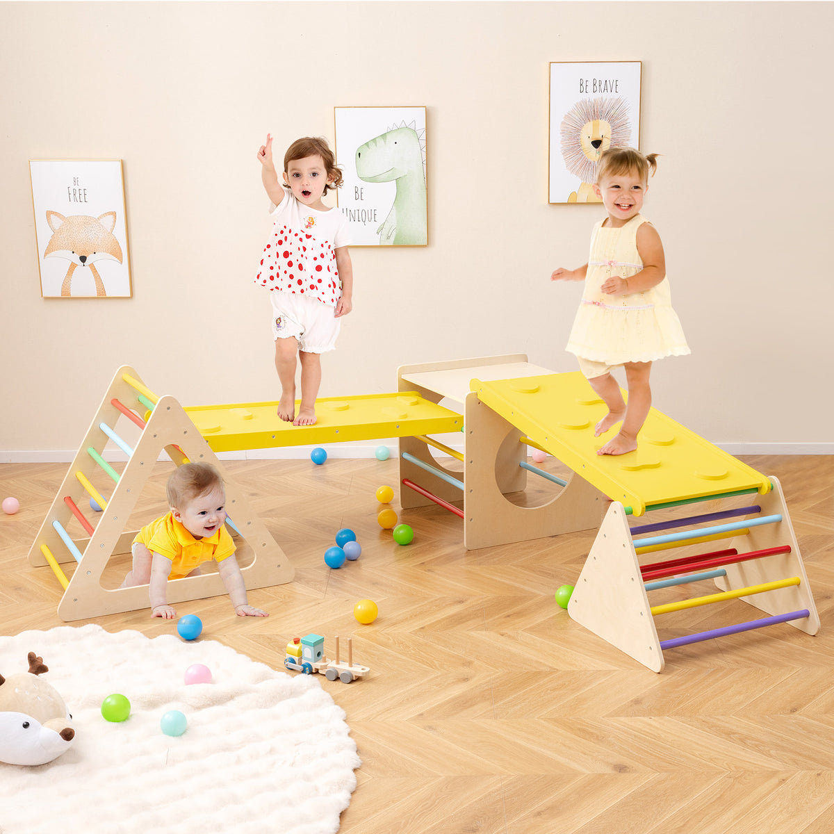 6-in-1 Set of 5 Toddler Triangle Climber for Sliding and Climbing-Natural