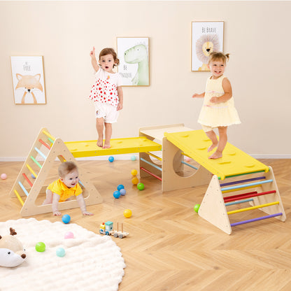 6-in-1 Set of 5 Toddler Triangle Climber for Sliding and Climbing-Natural