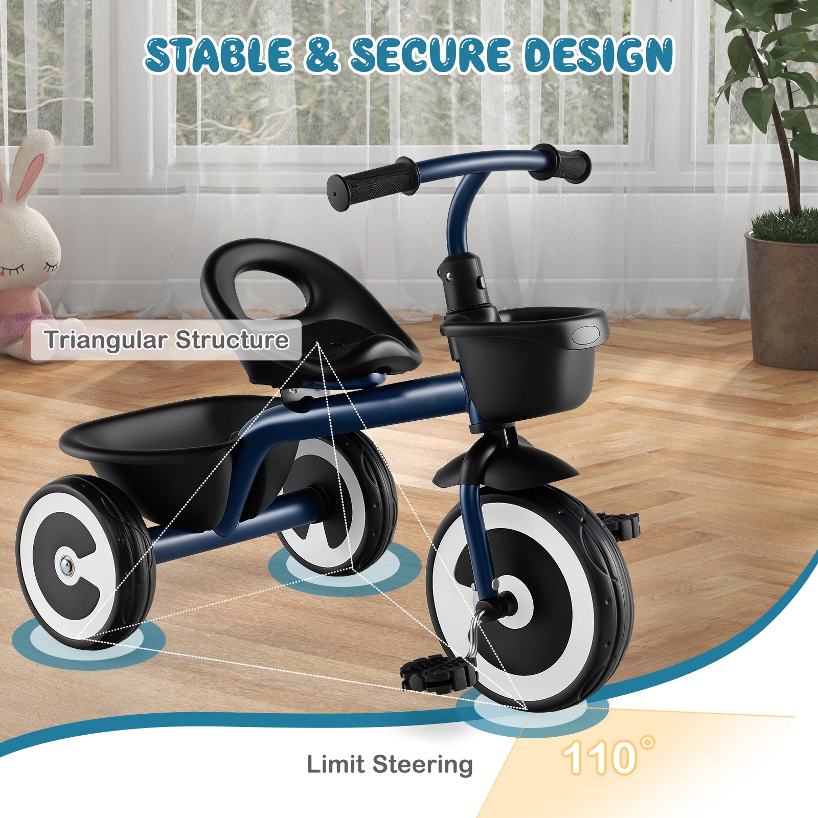 Toddler Tricycle Kids Trike with Adjustable Seat for 1.5-5 Years Old-Navy