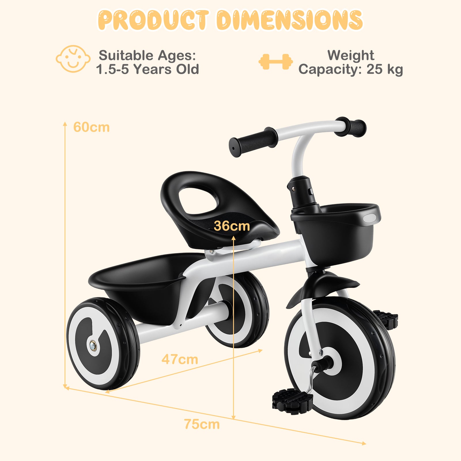 Toddler Tricycle Kids Trike with Adjustable Seat for 1.5-5 Years Old-White