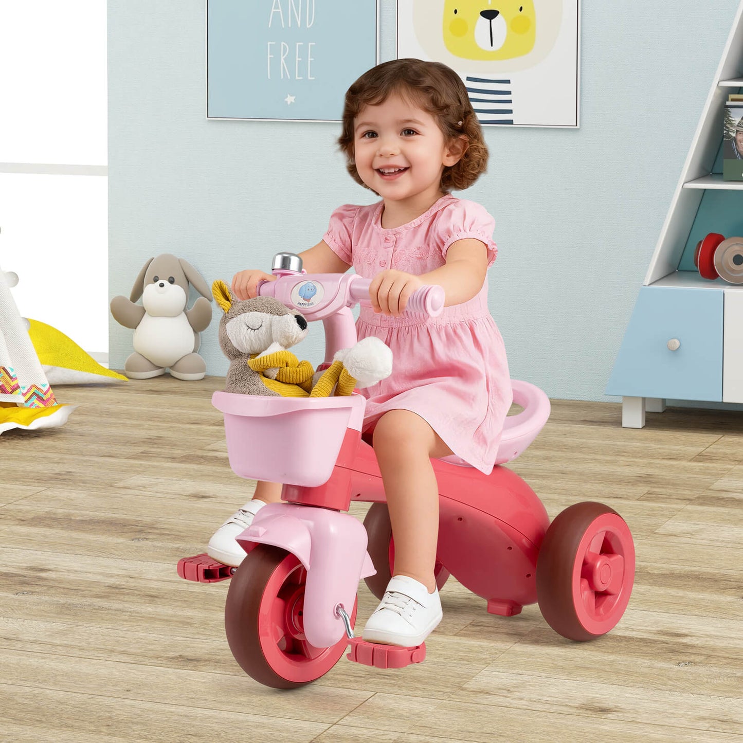 Toddler Tricycle with Limited Steering and Front Storage Basket and Bell-Pink
