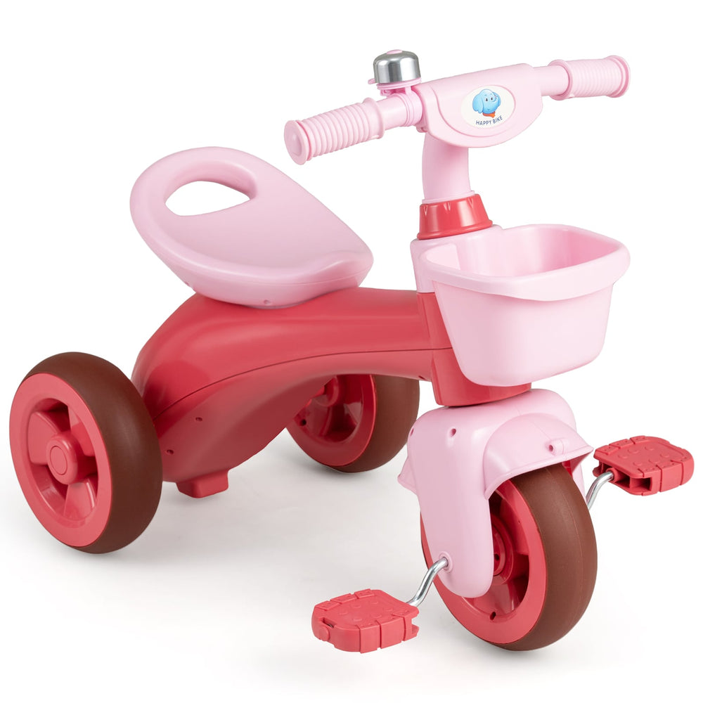 Toddler Tricycle with Limited Steering and Front Storage Basket and Bell-Pink