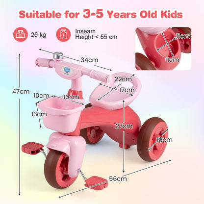 Toddler Tricycle with Limited Steering and Front Storage Basket and Bell-Pink