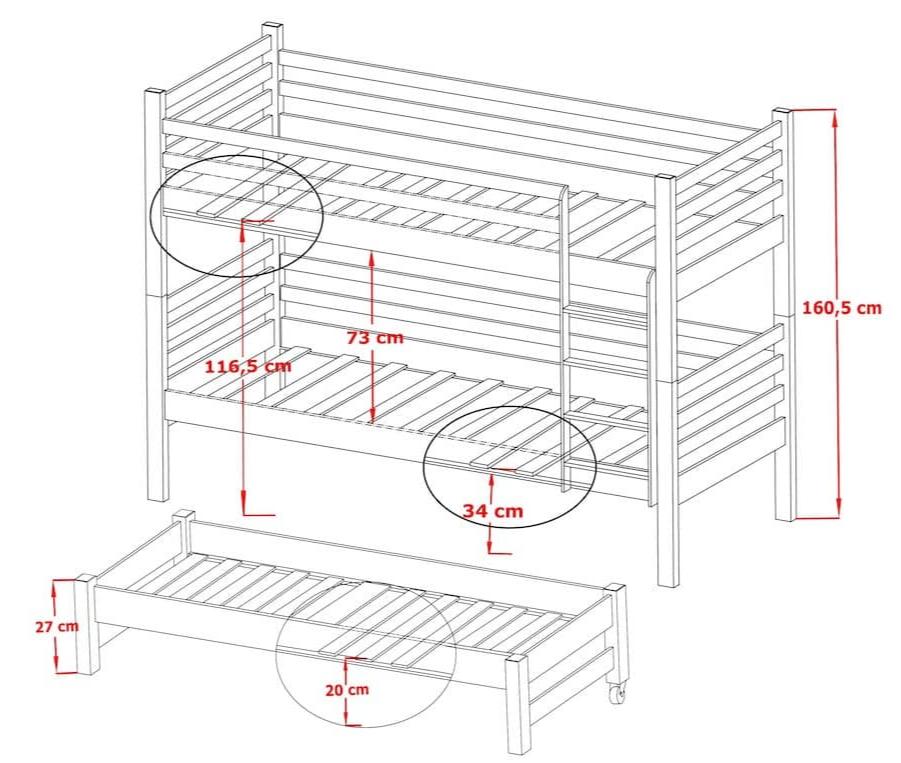 Bunk bed with dimensions marked on a white background
