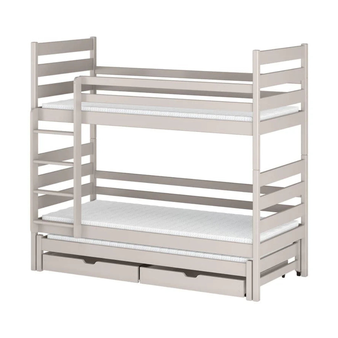 White bunk bed with white mattress on a white background