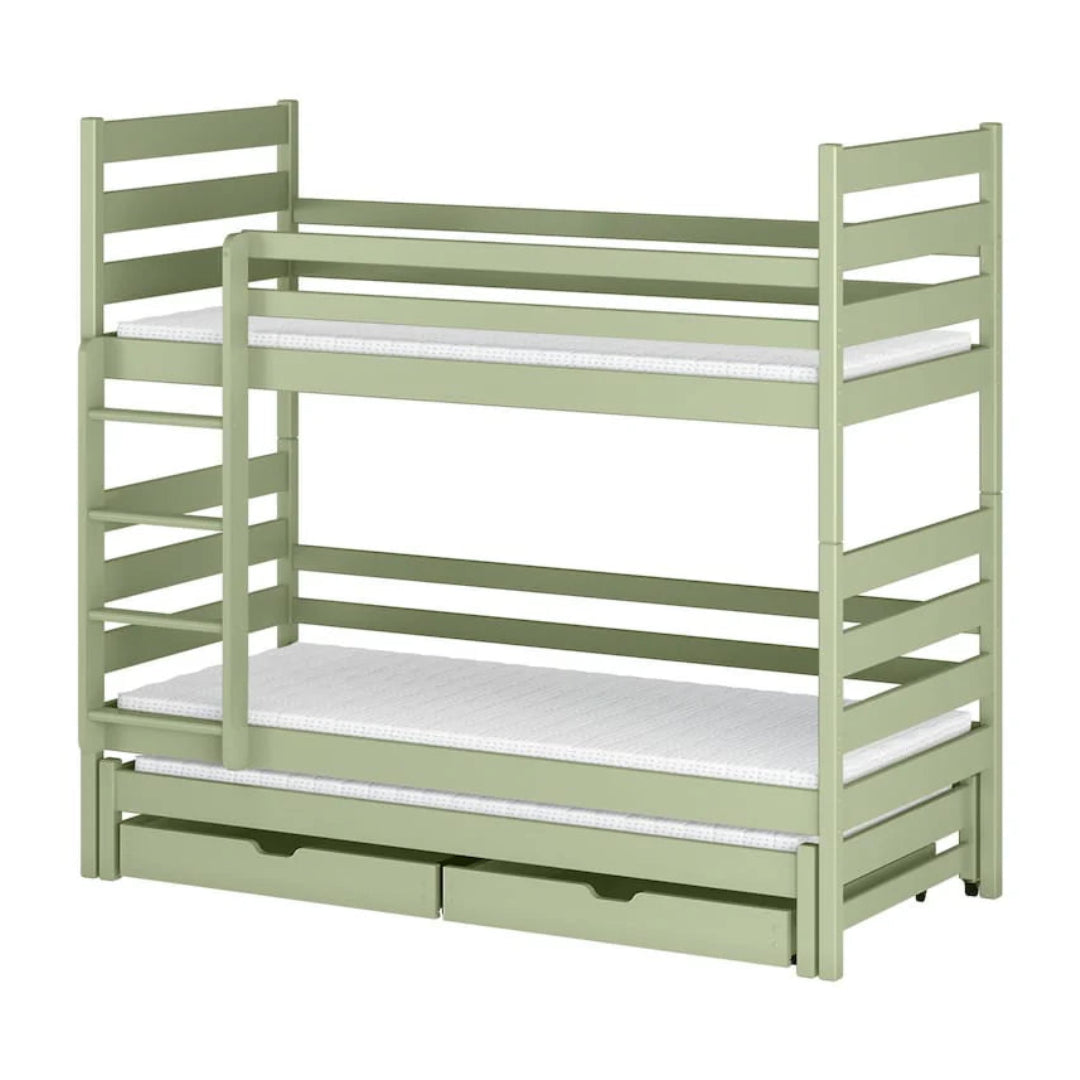 Green bunk bed with white mattresses on a white background