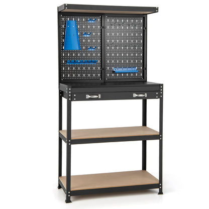 Tool Storage Workbench with Pegboard Shelves and Drawers-Blue