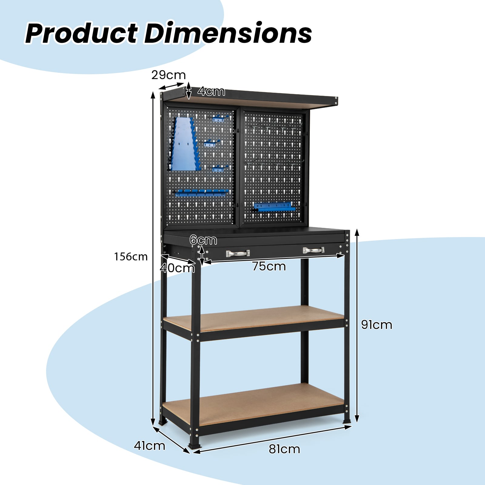 Tool Storage Workbench with Pegboard Shelves and Drawers-Blue