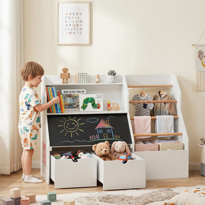 Toy Storage Organizer with Flip-up Blackboard and Movable Drawers for Playroom-White