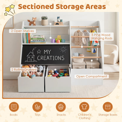 Toy Storage Organizer with Flip-up Blackboard and Movable Drawers for Playroom-White