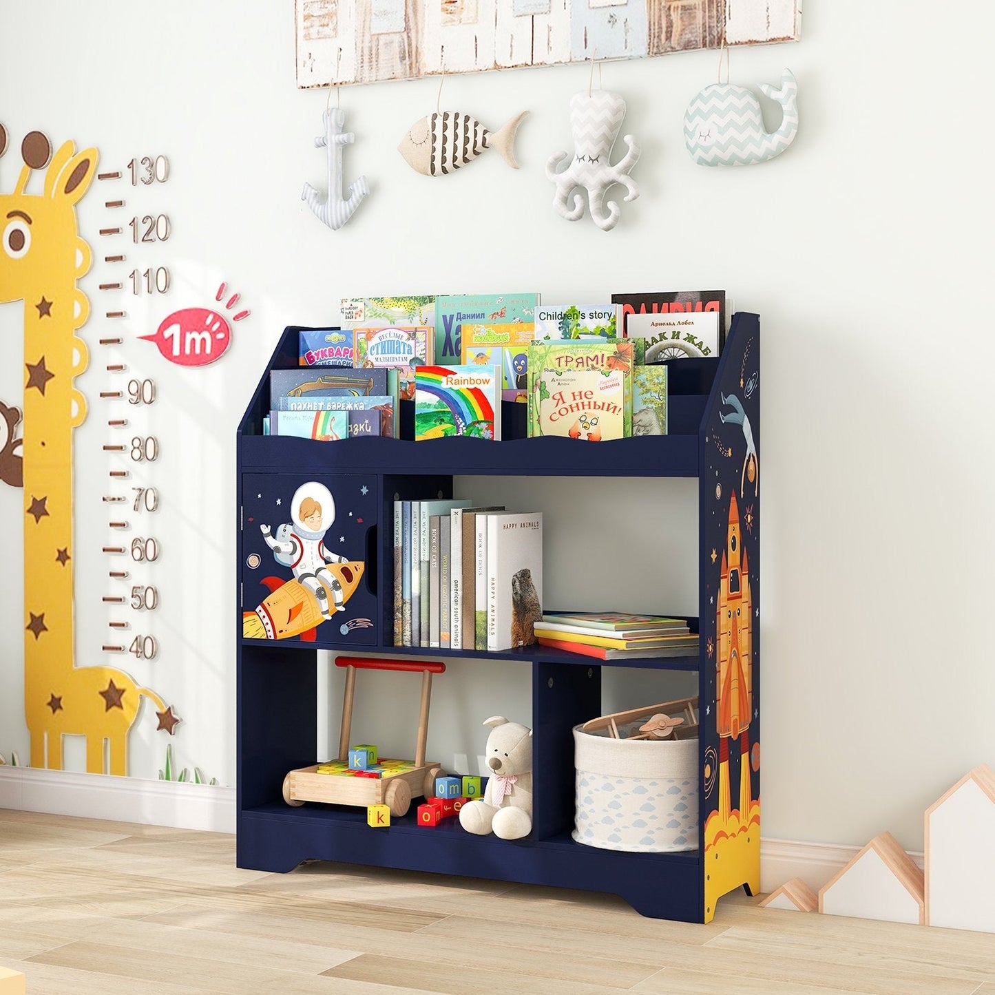 Toy Storage Organizer Display Stand with Book Shelf-Dark Blue
