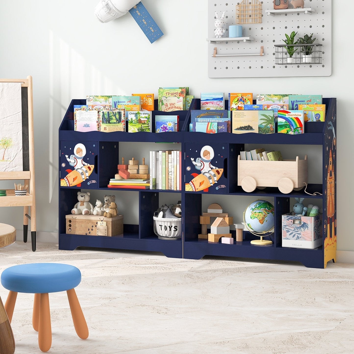 Toy Storage Organizer Display Stand with Book Shelf-Dark Blue