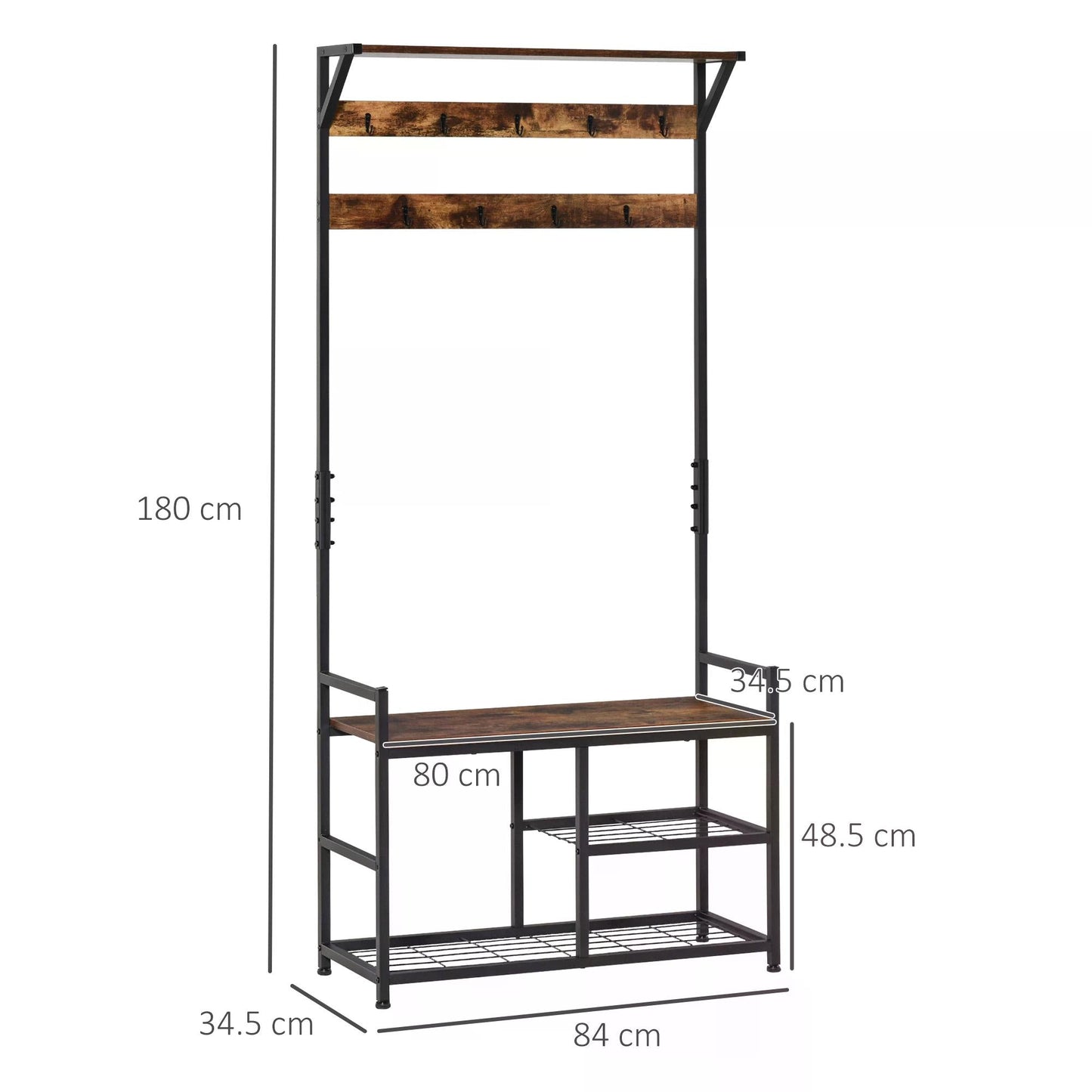 HOMCOM Coat Rack Stand Shoe Storage Bench with 9 Hooks Shelves for Bedroom Living Room Entryway Brown and Black 180cm