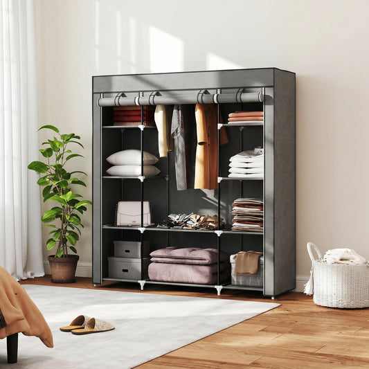 HOMCOM Clothes Storage Organiser with Hanging Rail, Shelves, Portable Wardrobe, Foldable Fabric Wardrobe, Dark Grey