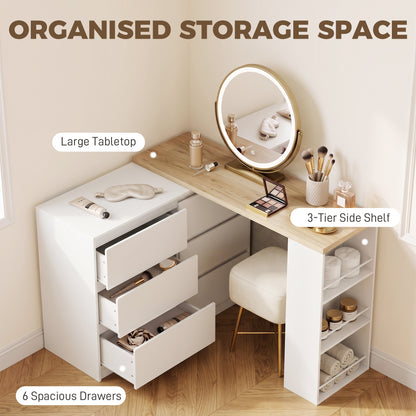 HOMCOM Vanity Table, Dressing Table with 6 Drawers and 3-Tier Shelf for Women and Girls, White
