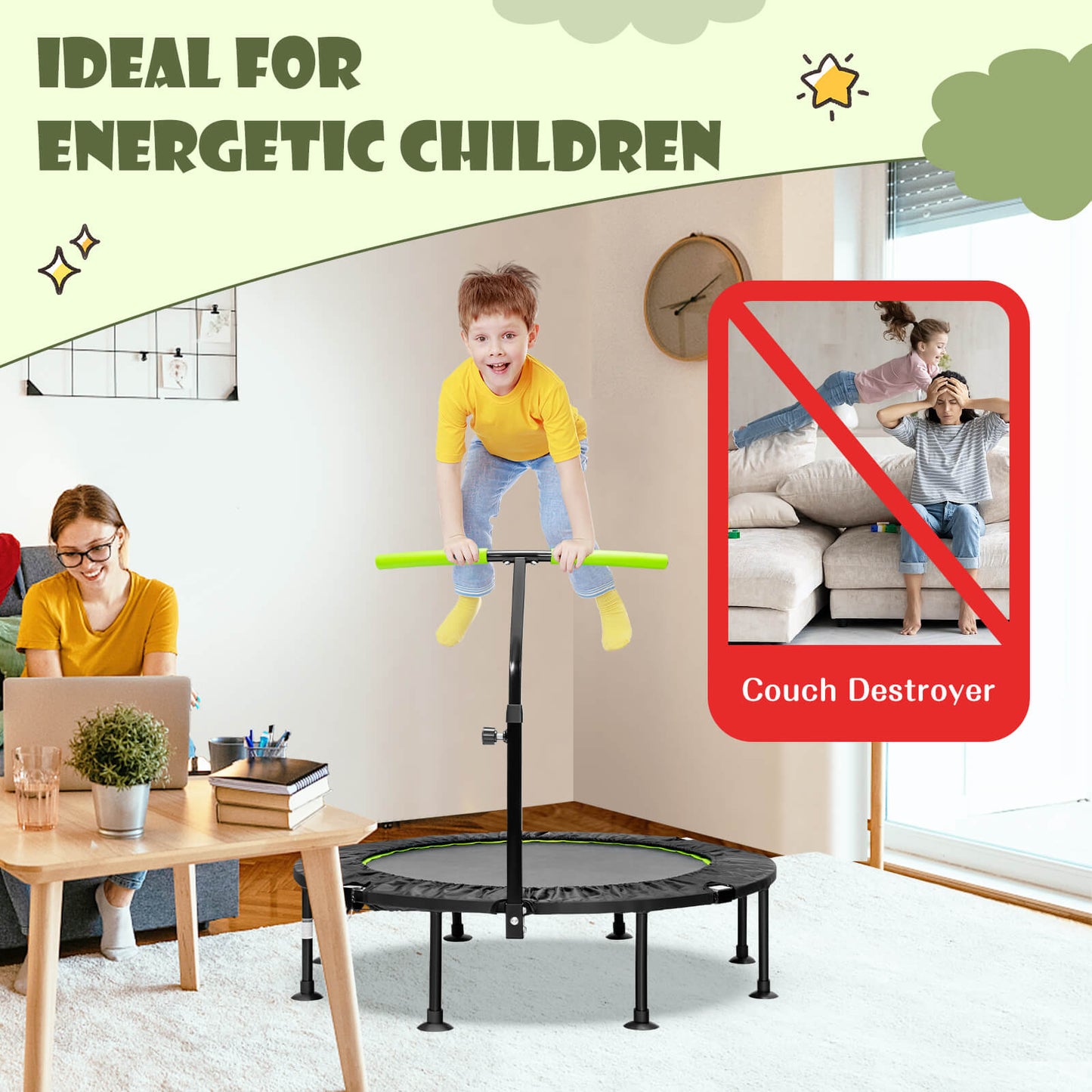 110 CM Mini Trampoline Bounce with Height Adjustable Handrail-Green