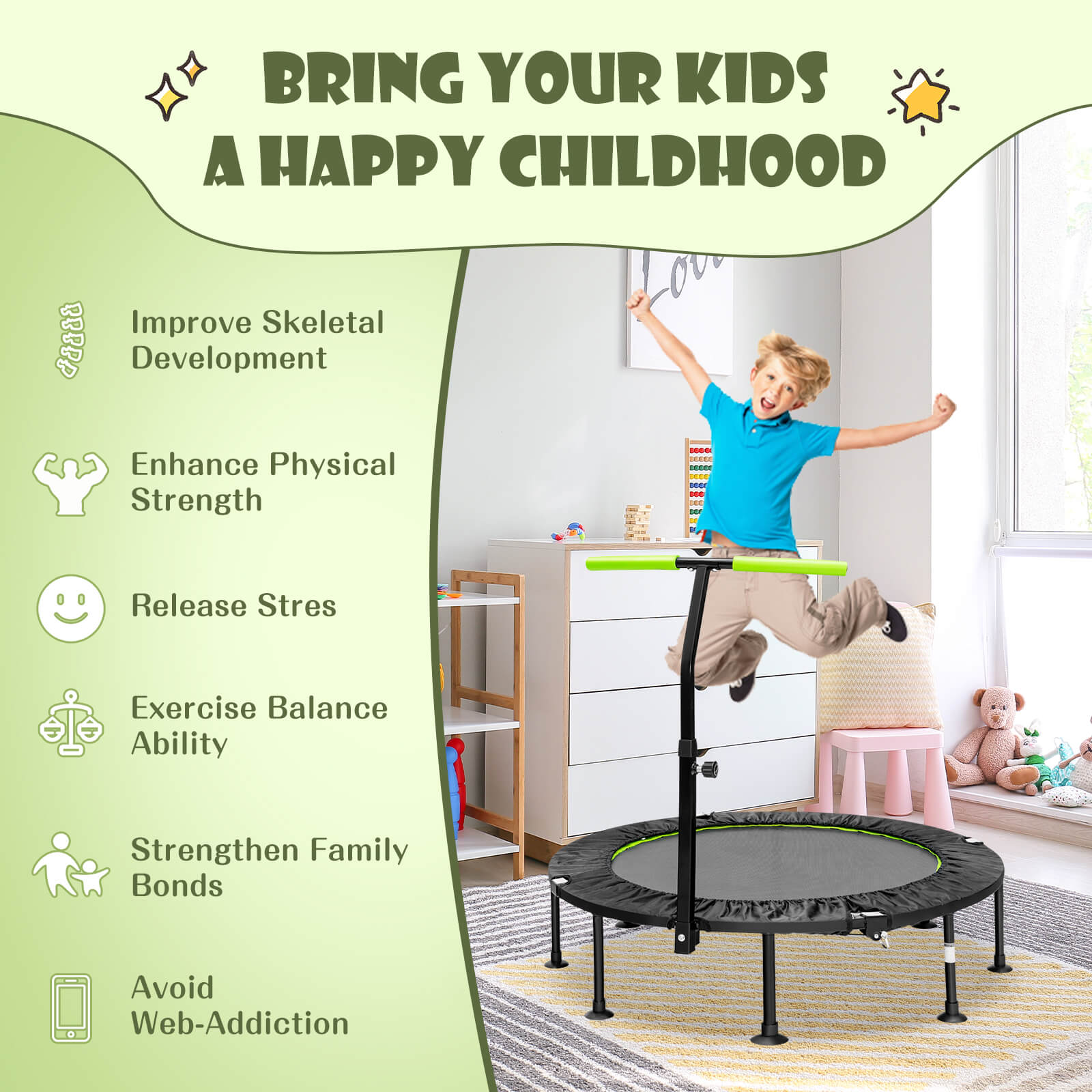 110 CM Mini Trampoline Bounce with Height Adjustable Handrail-Green