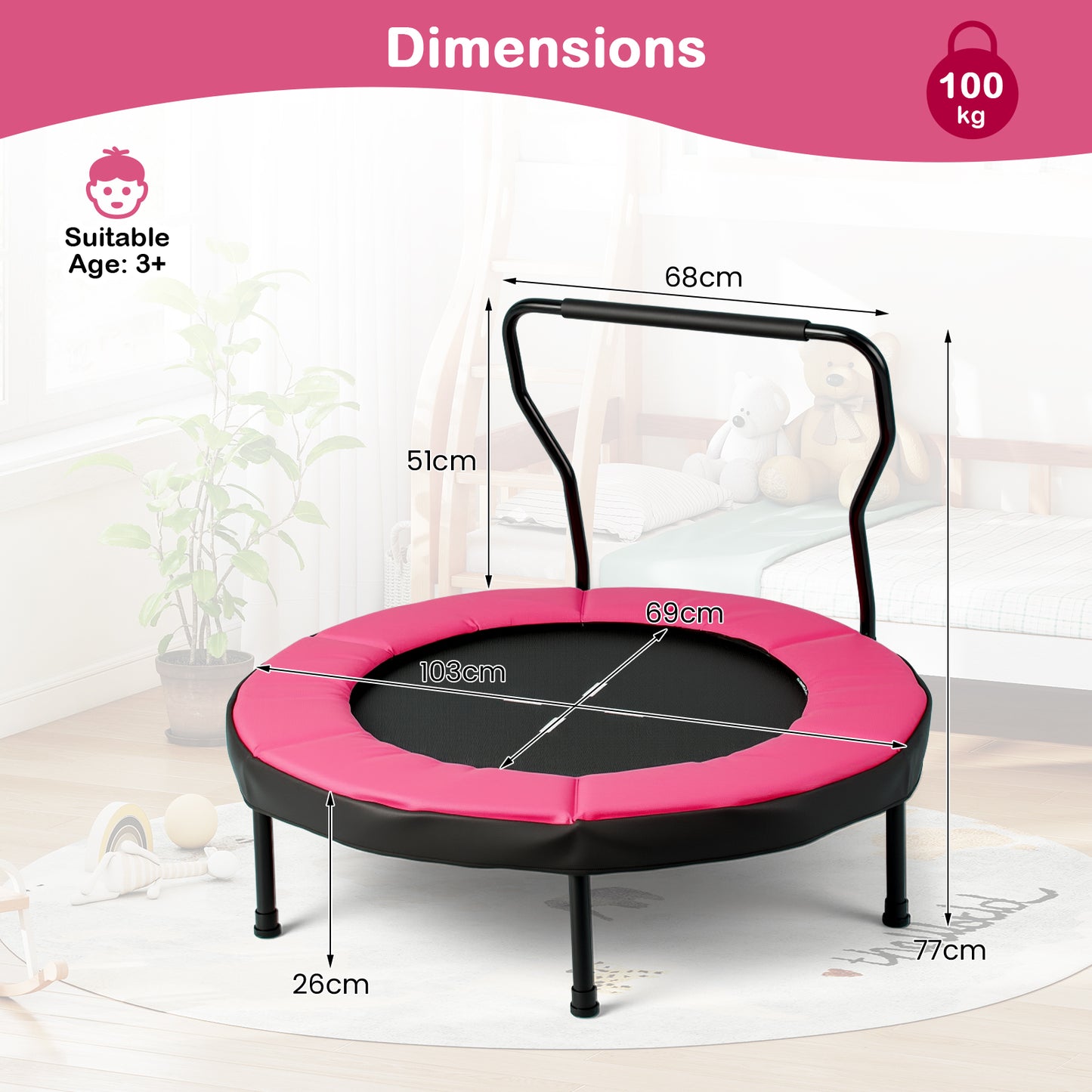 Trampoline for Kids Indoor Outdoor Fitness Trampoline with Handlebar-Pink