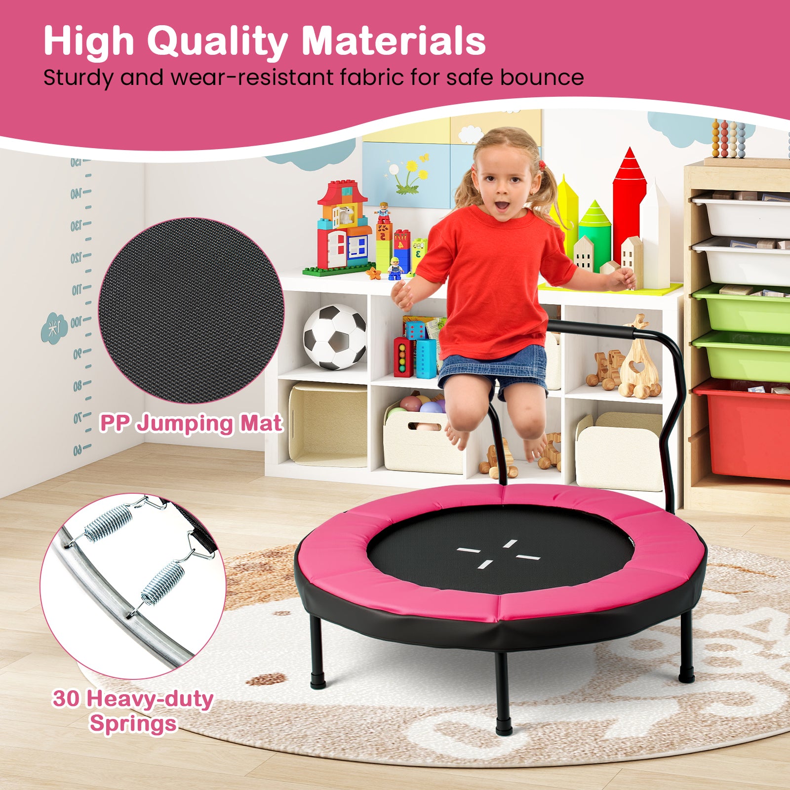 Trampoline for Kids Indoor Outdoor Fitness Trampoline with Handlebar-Pink
