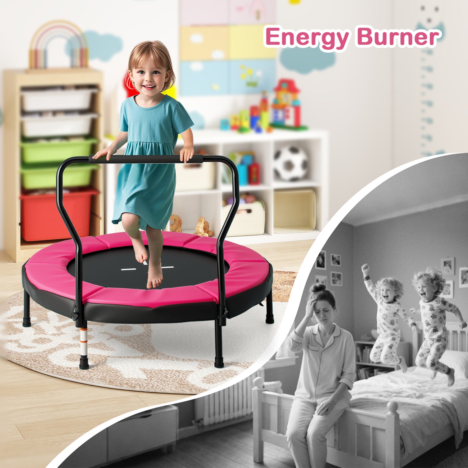 Trampoline for Kids Indoor Outdoor Fitness Trampoline with Handlebar-Pink
