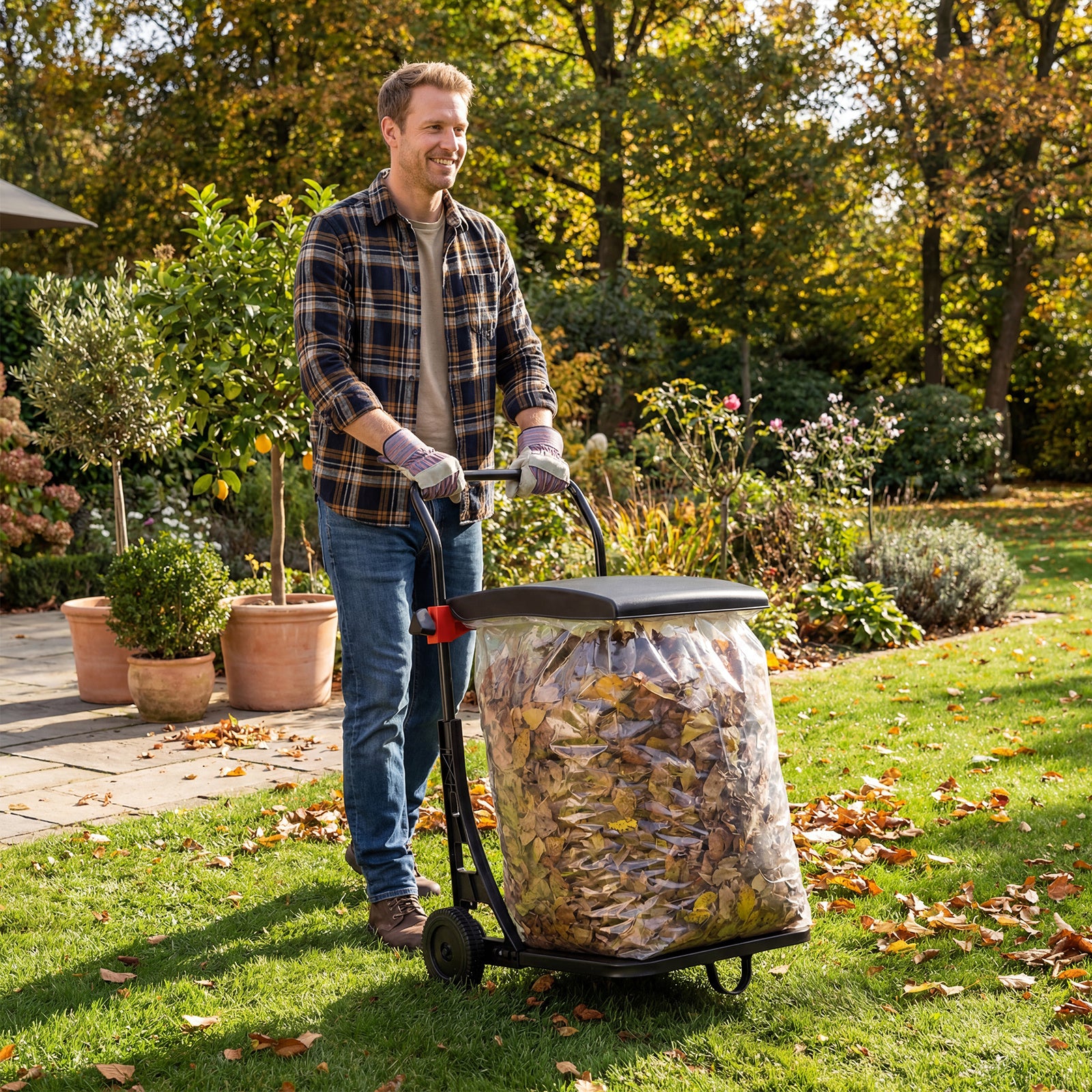 Trash Bag Holder with Wheels Moving Leaf Bag Stand Cart Yard Waste Can with Lid