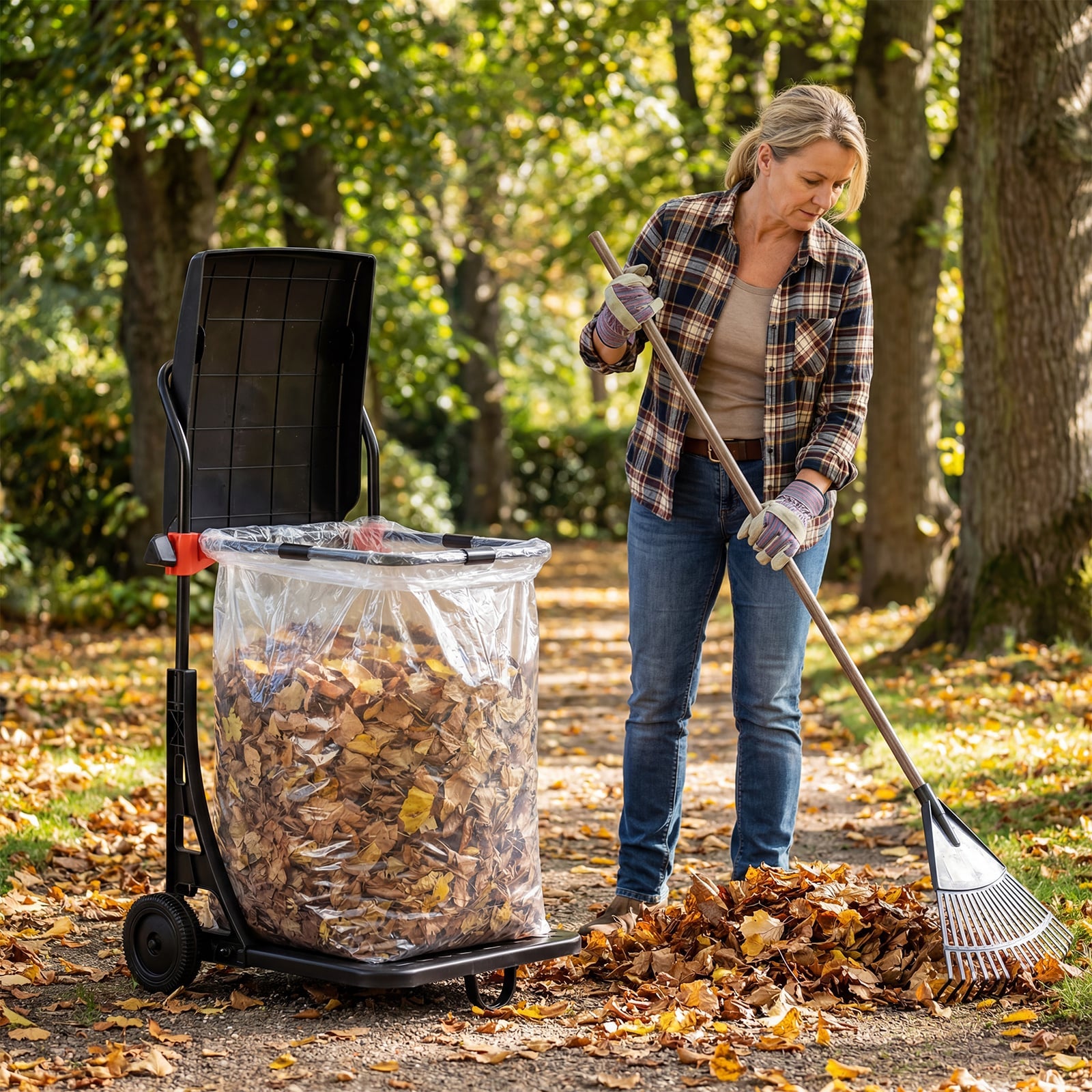 Trash Bag Holder with Wheels Moving Leaf Bag Stand Cart Yard Waste Can with Lid