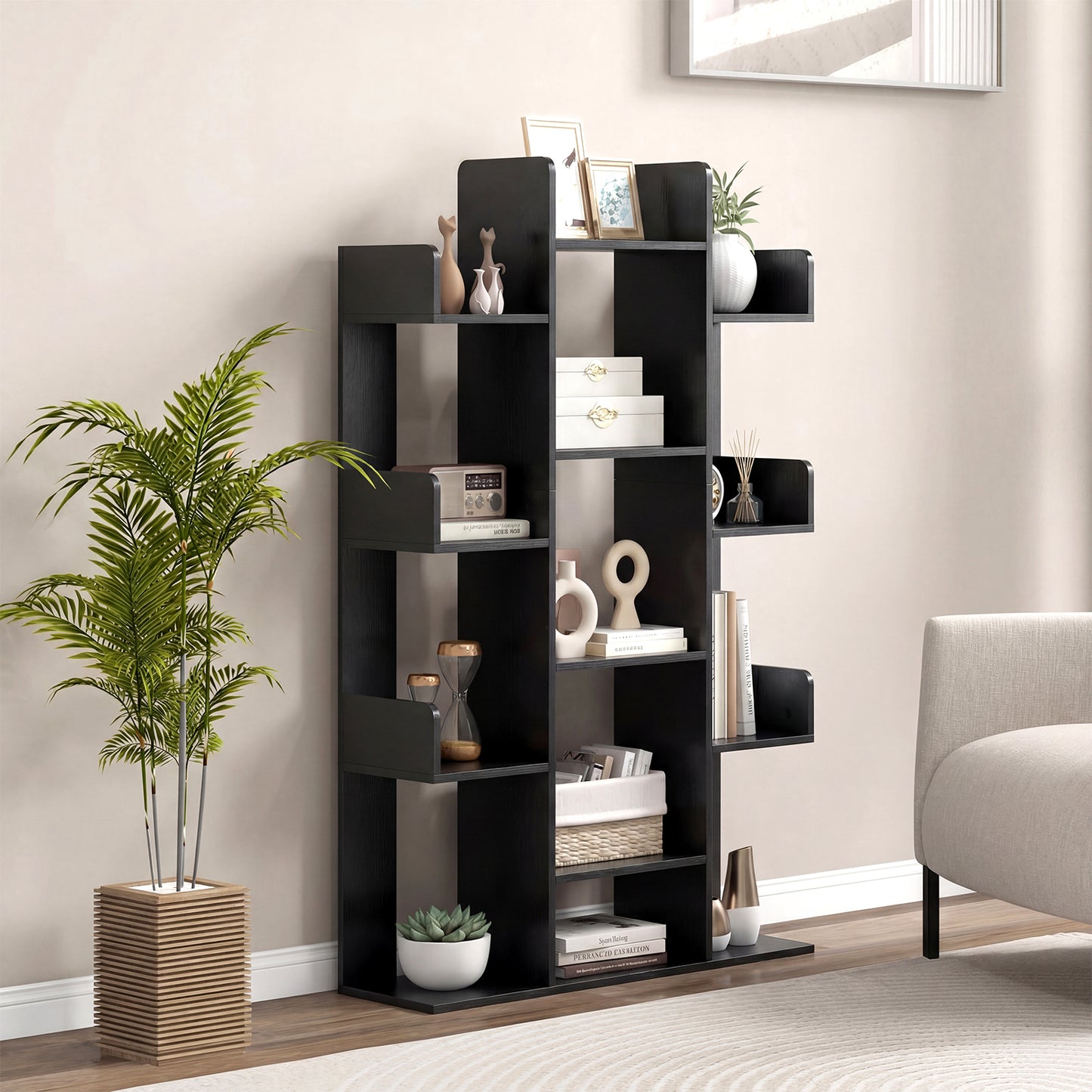 Tree Bookshelf Corner Books Storage Organizer with 13 Open Shelves-Black