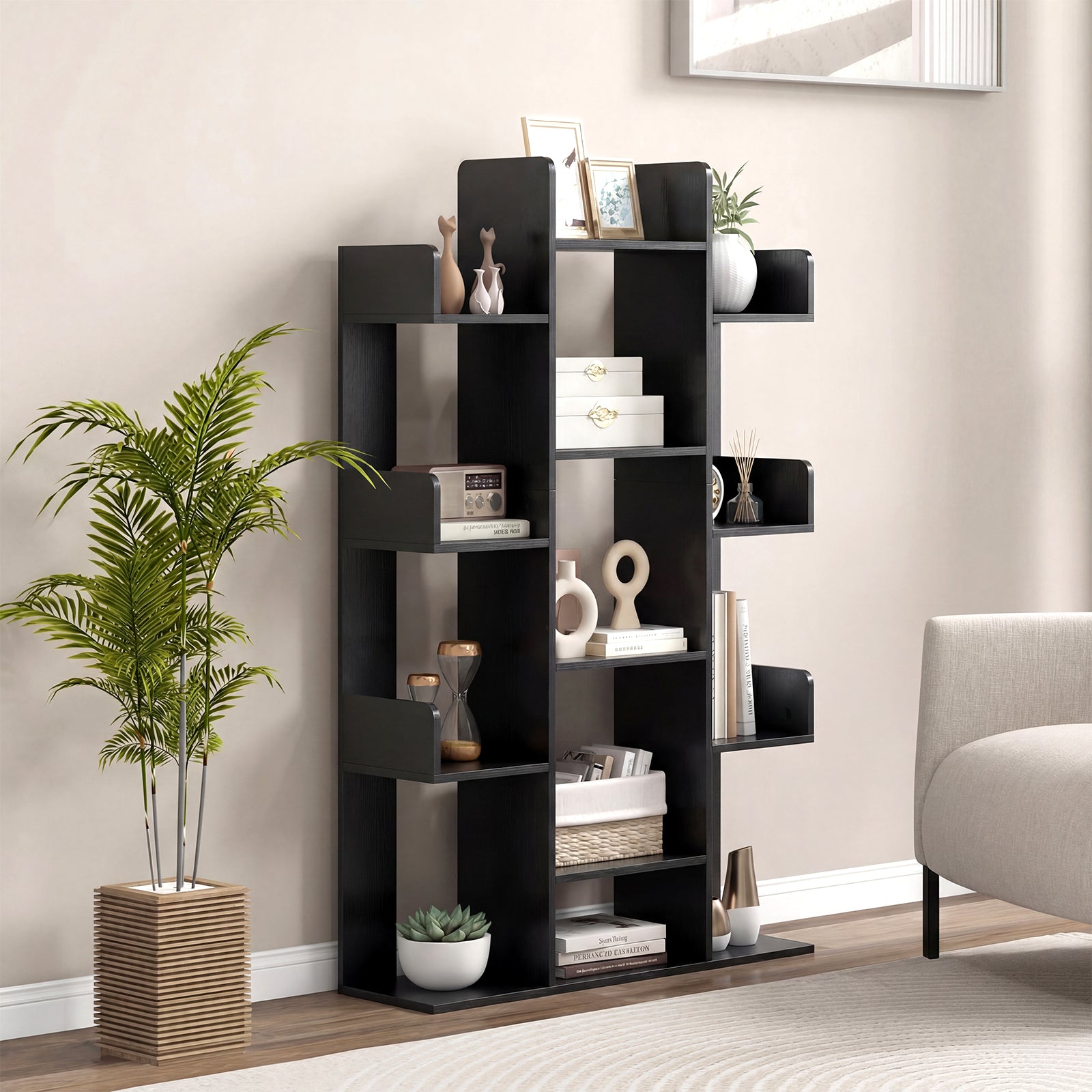 Tree Bookshelf Corner Books Storage Organizer with 13 Open Shelves-Black