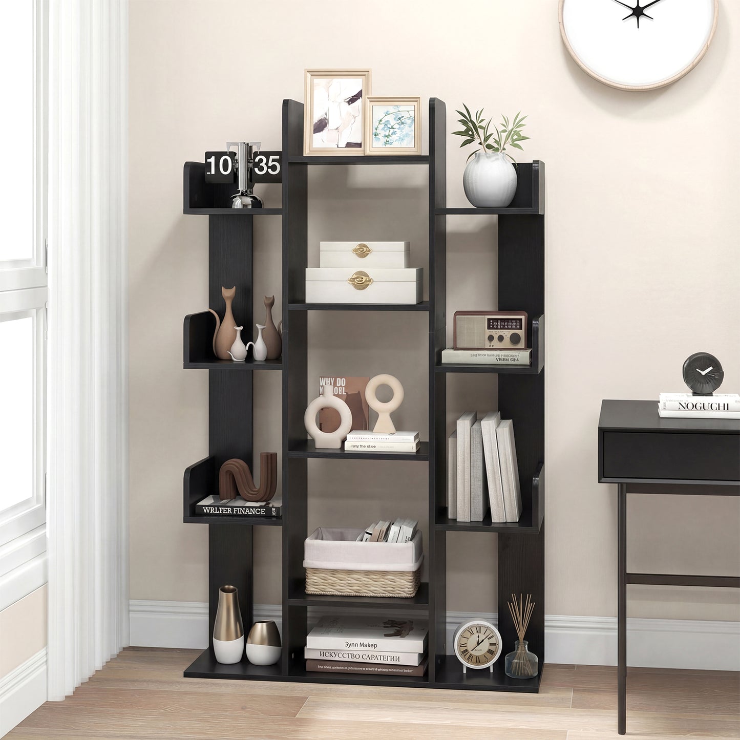 Tree Bookshelf Corner Books Storage Organizer with 13 Open Shelves-Black