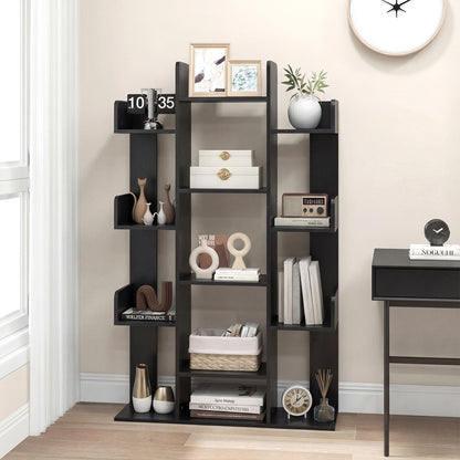 Tree Bookshelf Corner Books Storage Organizer with 13 Open Shelves-Black