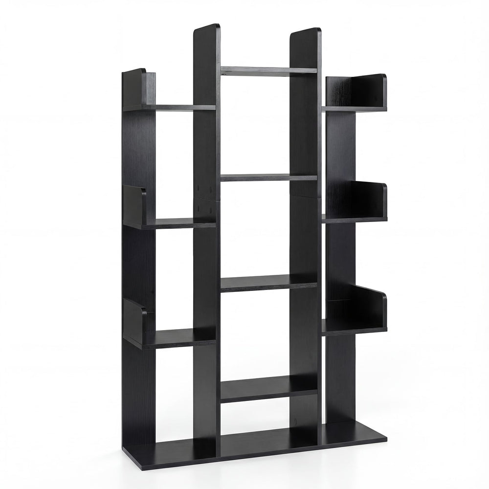 Tree Bookshelf Corner Books Storage Organizer with 13 Open Shelves-Black