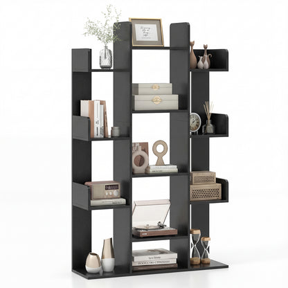 Tree Bookshelf Corner Books Storage Organizer with 13 Open Shelves-Black