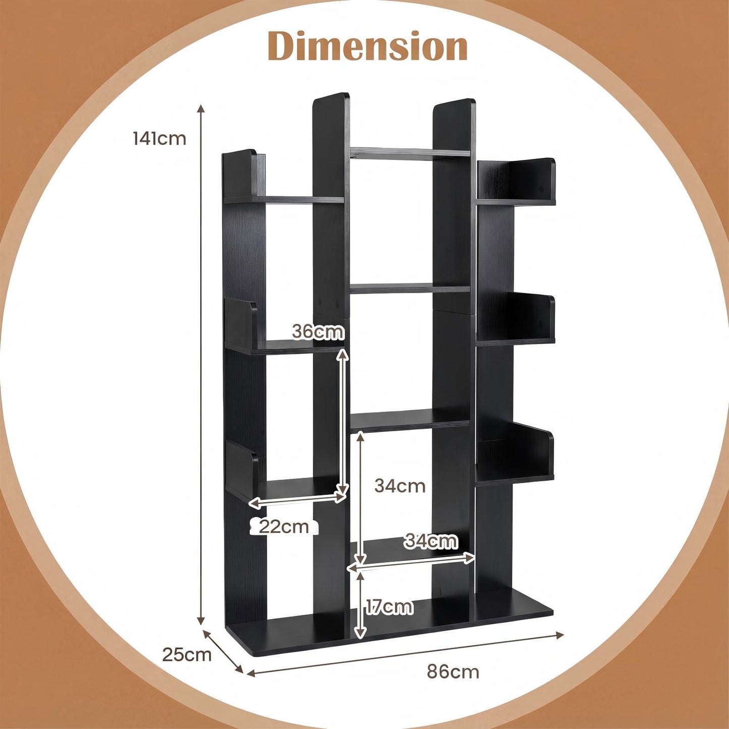 Tree Bookshelf Corner Books Storage Organizer with 13 Open Shelves-Black
