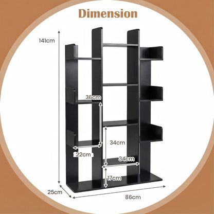 Tree Bookshelf Corner Books Storage Organizer with 13 Open Shelves-Black